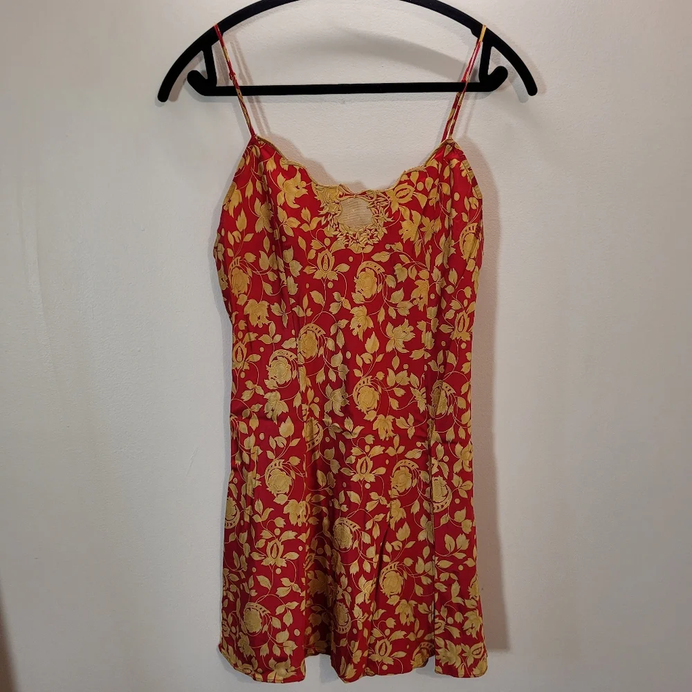 Victoria Secret Vintage 90s scarlet red & gold lace 100% silk mini slip dress- M - Picture 6 of 9